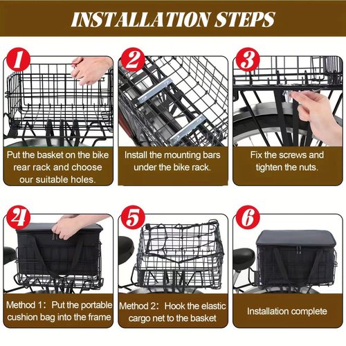 Foldable Rear Bike Basket for Bicycle/Electric Bike - Metal Cargo Basket with Rain Cover, Elastic Storage Net & Insulated Thermal Liner Bag - Perfect for Commuting, Groceries, Pets, Outdoor Travel
