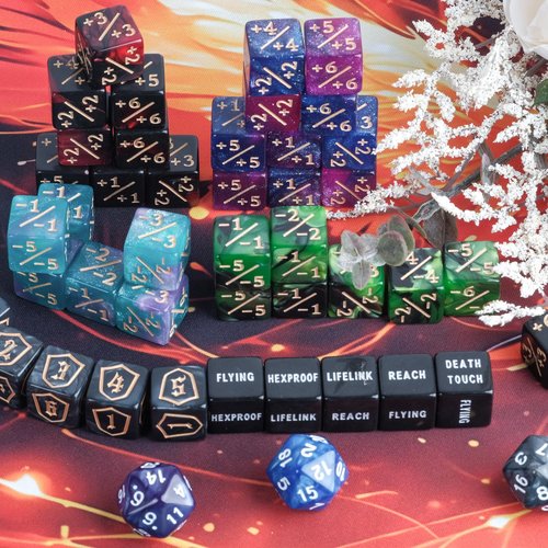 PYPGT 63 Pieces MTG Dice Counters Bulk Ability Keyword Counters Life Counter 1/+1 counters,6 Sided Dice Set for Tabletop Games,MTG, TCG, Card Games Accessories