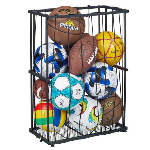 Garage Ball Storage Wall-Mounted & Floor Sports Equipment Organizer: Sports Ball Rack with Elastic Rope, Ball Holder for Basketball, Soccer, Volleyball, Football, Garage, Gym, Black(Patent Pending)