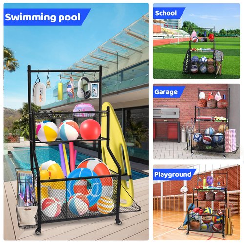 WATWEI Pool Equipment Organizer Storage Holder, Large Heavy-Duty Steel Rolling Storage Cart for Noodles, Toys, Balls, Floats Mesh, Towels, Ideal Swimming Equipments Storage Rack Indoor & Outdoor