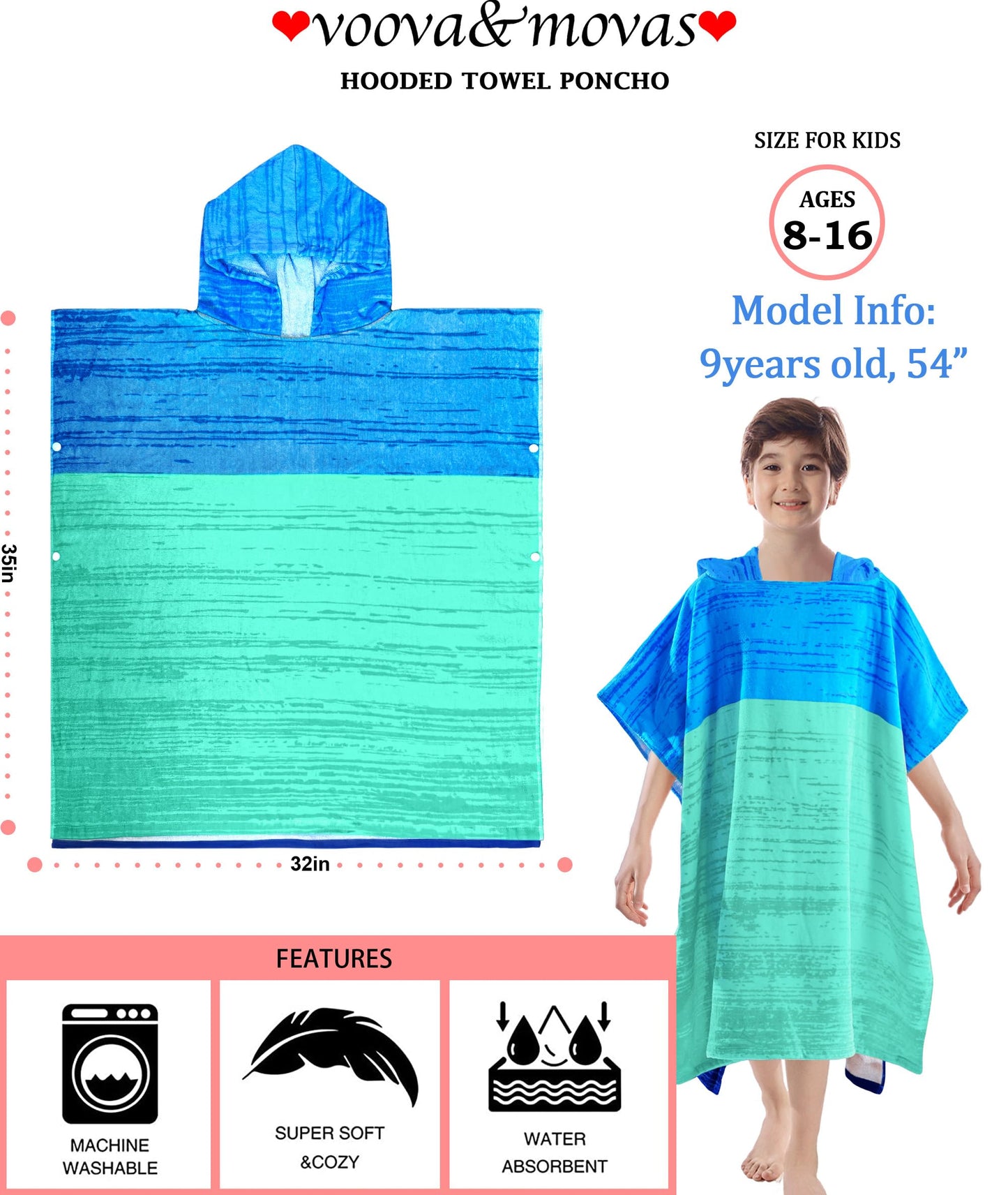 VOOVA & MOVAS Poncho Towel for Teens (8-16 Years) | Soft Absorbent Cotton Hooded Towel Robe | Versatile Beach, Pool, Swim & Bath Cover-Up | Blue & Aqua