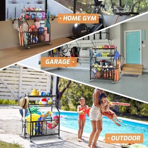 PLKOW Sports Equipment Organizer - Garage Storage Rack with Basket and Hooks, Garage Ball Storage for Toy and Sports Gear, Black