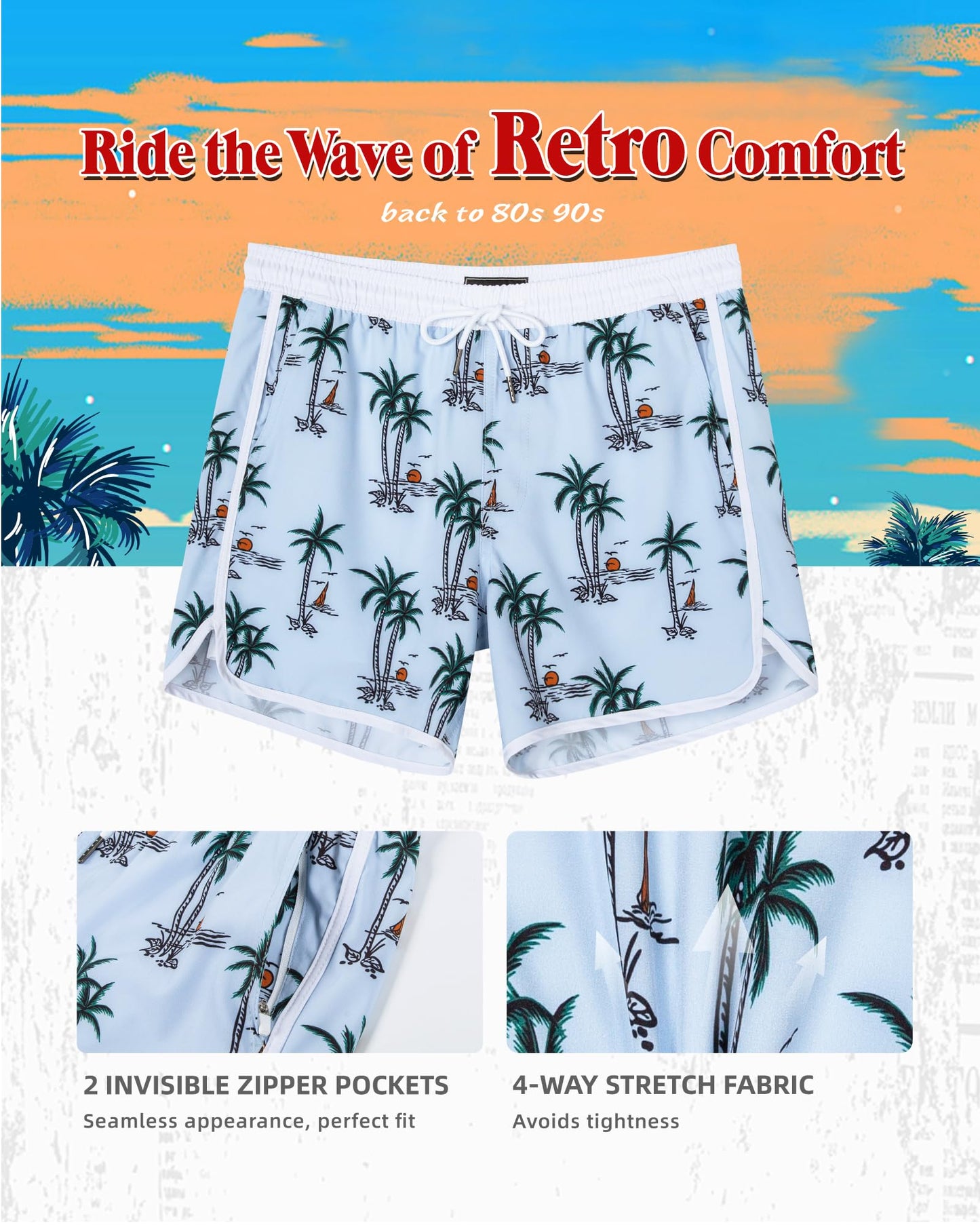SURF CUZ Mens Swim Trunks with Compression Liner 5" Swimming Trunks 5 Inch Retro Swim Shorts with Zipper Pockets,Beach Sunrise,M