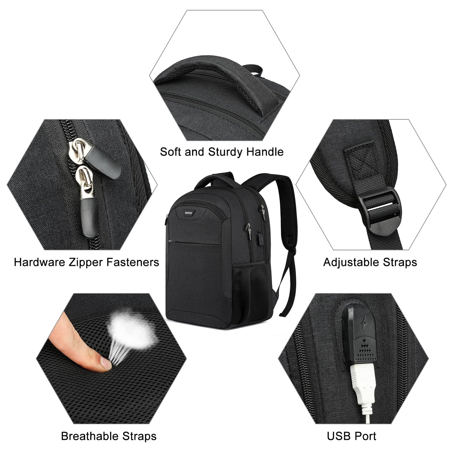 BIKROD Backpack for Men and Women, School Backpack for Boys, Water Resistant Business Travel Laptop Back Pack Fit 15.6 Inch Laptop with USB Charging Port, Black