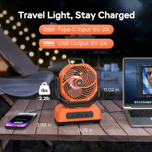 PANERGY Camping Fan Rechargeable,20000mAh Cordless Battery Powered Oscillating Fan with RGB Light & Remote,4 Timer & Hanging Hook for Indoor,Outdoor,Travel,Camping,BBQ,Jobsite,Picnic-Orange