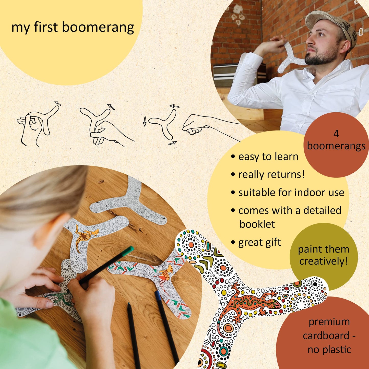 MYFIBO Boomerang for Beginners, Girls and Boys - Design and Style Yourself, Perfect for Indoor and Outdoor Use - 4 Pack Set