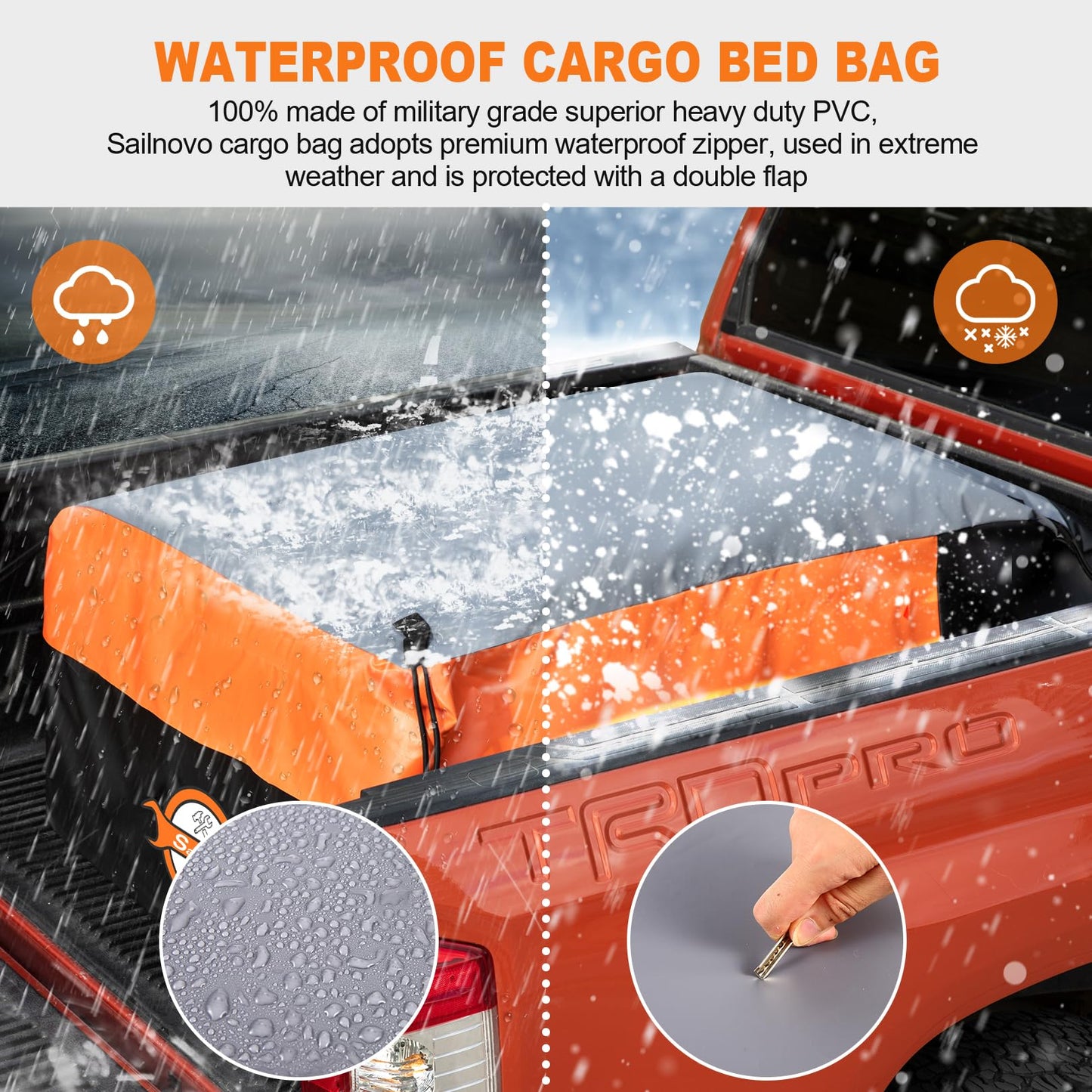 Sailnovo Truck Bed Cargo Bag, 38 Cubic ft Waterproof Cargo Bag for Truck Bed, Heavy Duty PVC Truck Cargo Bag Fits Any Truck Size with 6 Stretch Cord, Packing Bag (59''x48''x23'')