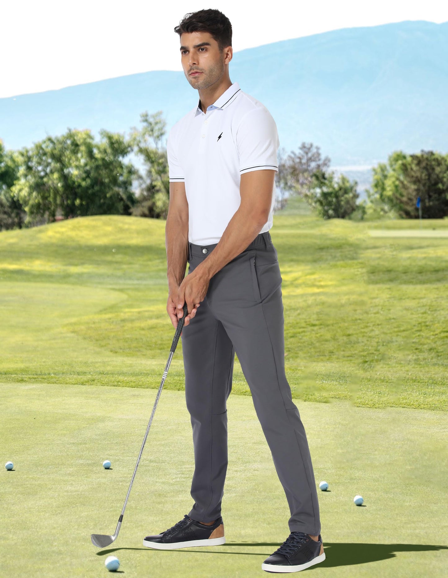 PULI Mens Golf Pants Stretch Dress Slim Fit Pants Waterproof Comfy Casual Work Tapered Pants with Pockets Grey,34Wx32L