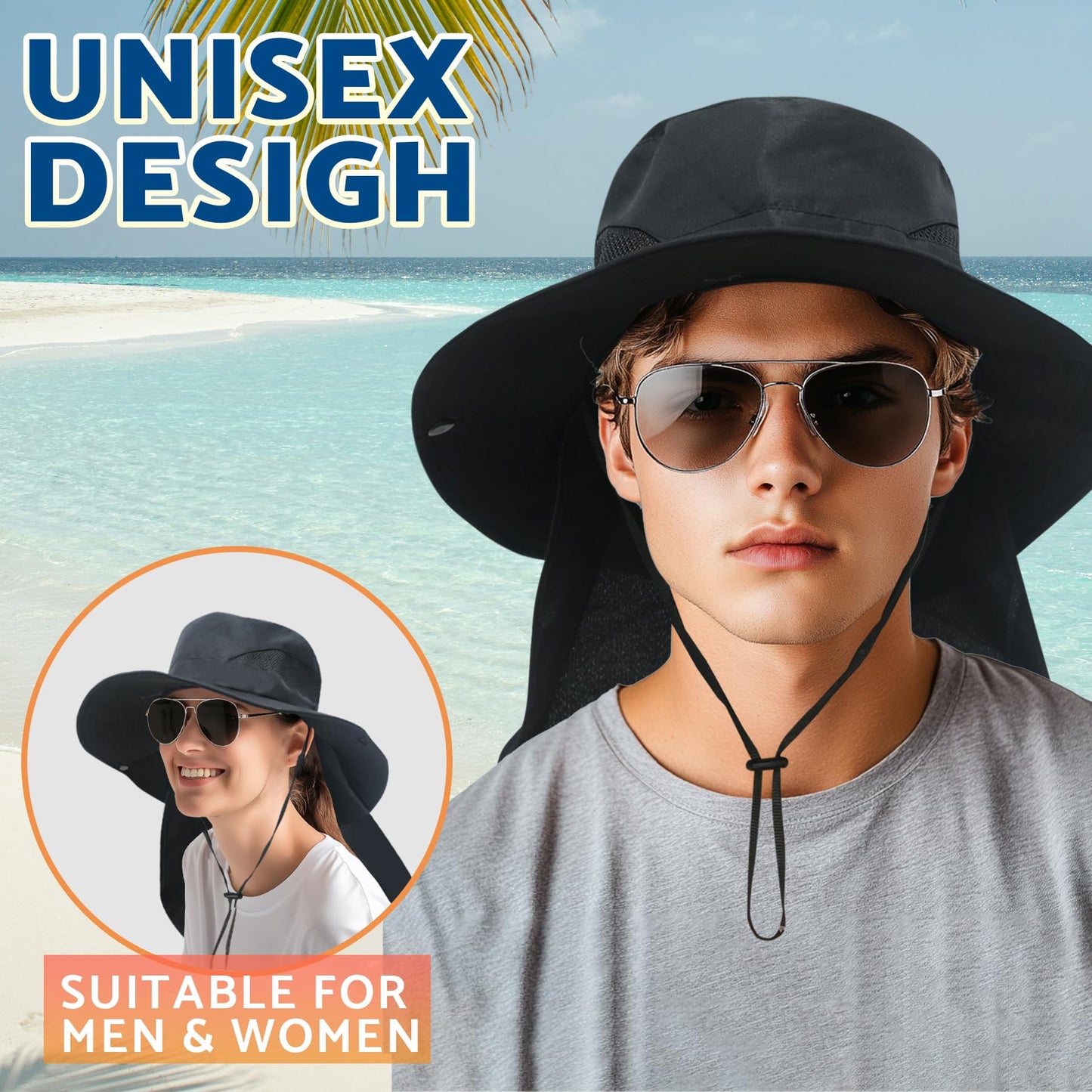 NPJY Sun Fishing Hats with Neck Flap for Men Women UV Sun Protection Safari Hat Wide Brim Bucket Hat Pure Grey