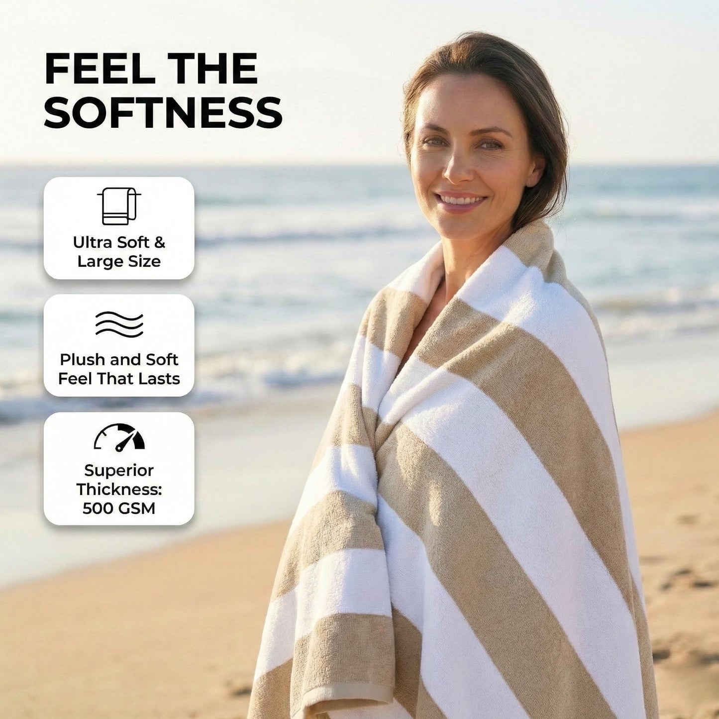 9Threads Premium Velour Cabana Beach Towel 2 Pack, 30” x 60” Soft Plush Cotton Pool Towel, Absorbent Quick Dry Towel for Beach and Pool (White Beige)