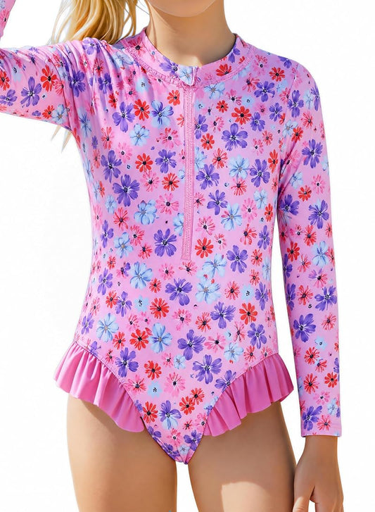 Girls Rash Guard Swimsuit with UPF 50+ Long Sleeve – 5-14 Years, Pink Flower (Variation: Pink Flower+7-8 Years)