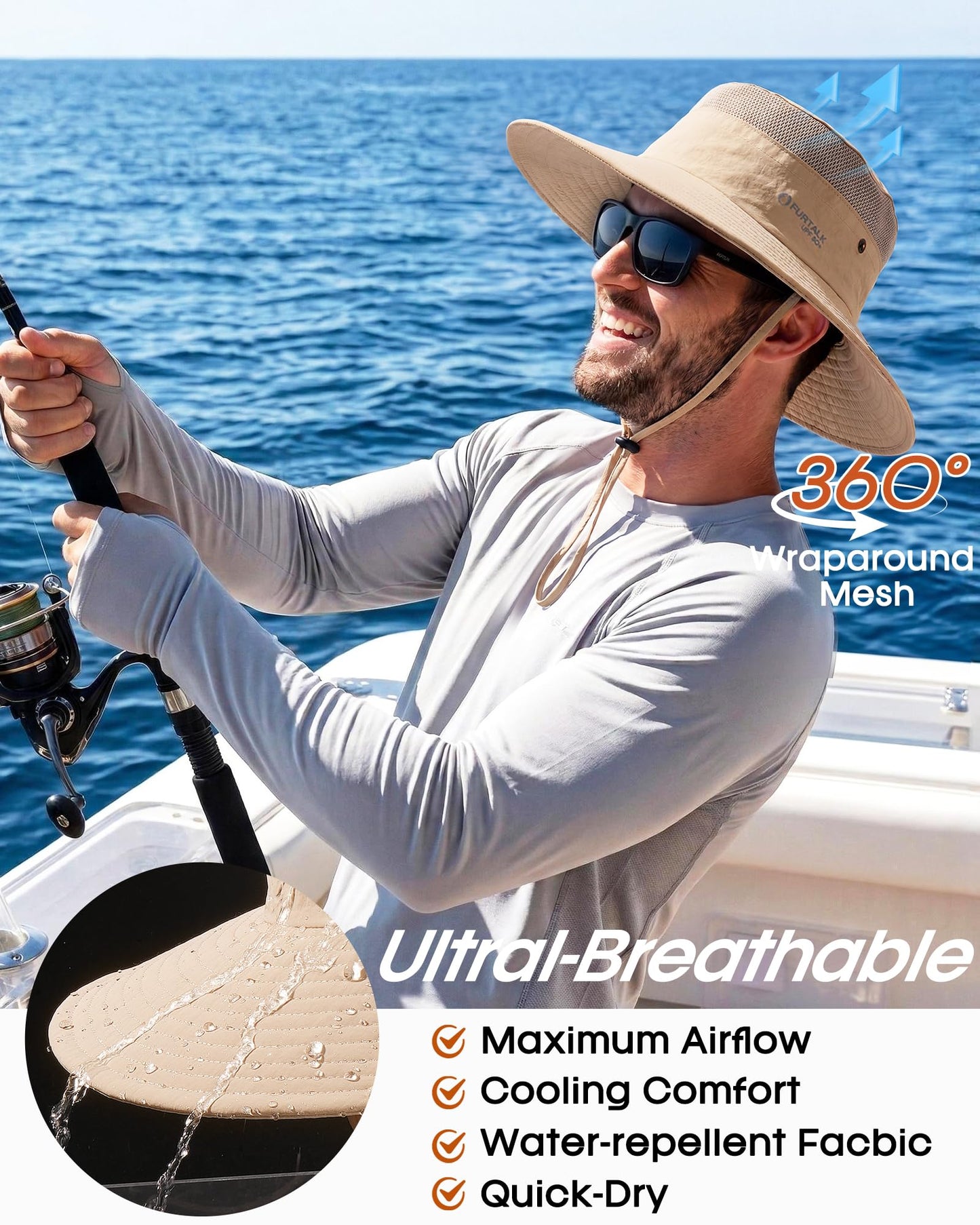 FURTALK Sun Hats for Men Women Fishing Hat UPF 80+ Breathable Wide Brim Hiking Summer UV Protection Bucket Hats Khaki