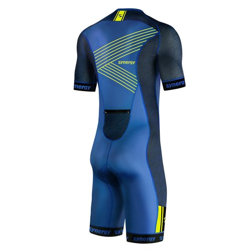 Synergy Triathlon Tri Suit - Men's Elite Short Sleeve Trisuit Cycling Skinsuit (Ocean/Neon Lime, X-Large)