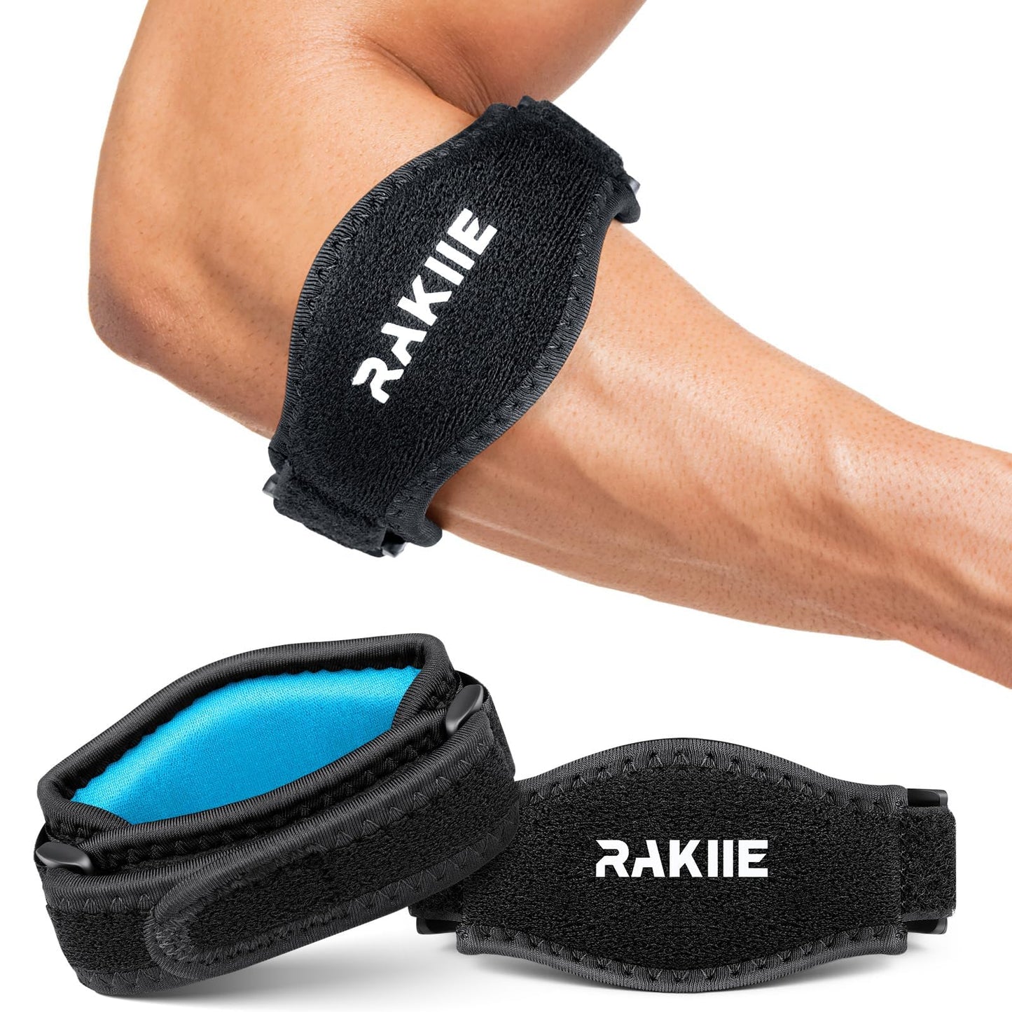 Rakiie 2 Pack Tennis Elbow Brace for Men Women, Adjustable Non-slip Golfer Elbow Strap with Support Compression Pad, Counterforce Brace for Sports, Fit 7.08-14.17", Blue