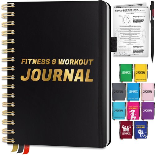 Fitness Journal Black on 150+ Workouts Yearly Calendar 55 Tracking Values - A5 Workout Journal with Fat tracking Muscle Exercises - Planner to 12 items to track 7 comparative periods + Goals