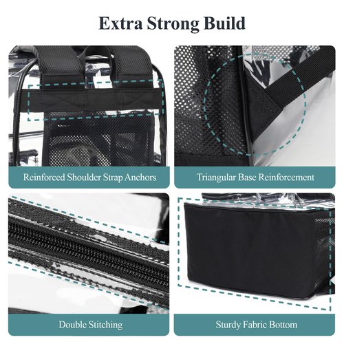PACKISM Clear Backpack for School - 17 inch Heavy Duty Clear Bookbag with 3 Front Pockets for Students, Transparent PVC See Through Backpacks, Black (Age 12+)