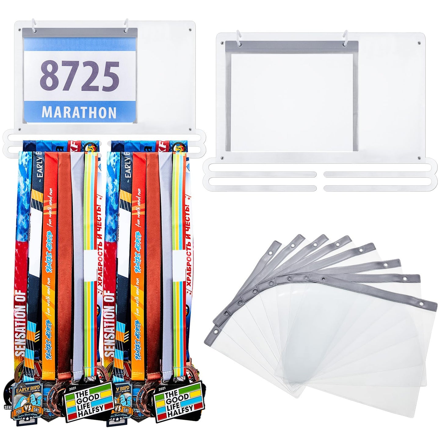 Moxweyeni Race Medal and Bib Display Medal Hanger Running Bib Holder Wall Mounted Hanging Rack stands Gifts for Runners(White,15.8 x 10.7 Inch,Stylish)
