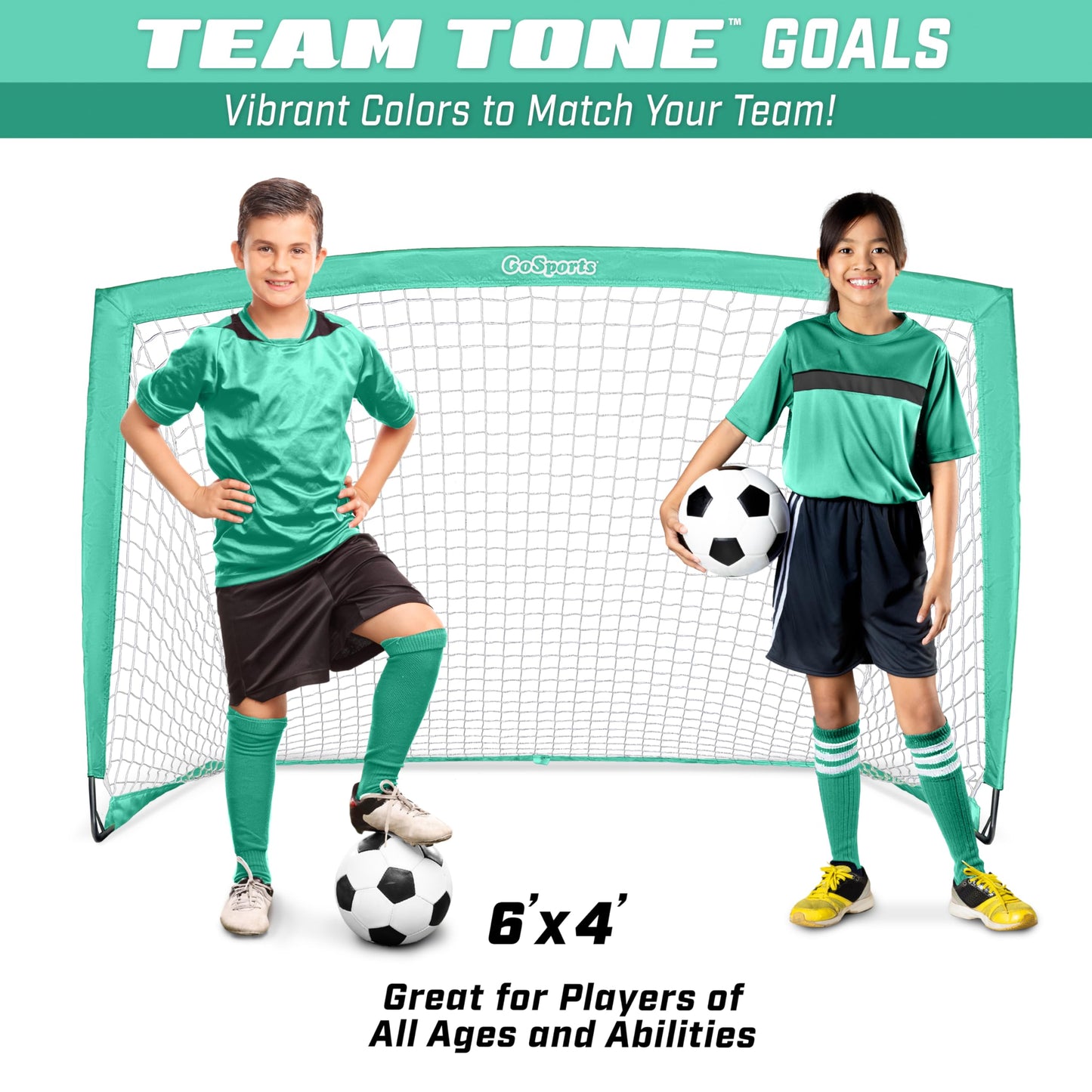 GoSports Team Tone 6 ft x 4 ft Portable Soccer Goal for Kids - Pop Up Net for Backyard - Turquoise