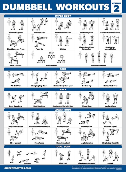 Palace Learning 4 Pack - Dumbbell Workouts + Bodyweight Workouts + Stretching Exercises + Dumbbell Vol 2 - Set of 4 Workout Charts (18??x 24?? LAMINATED)