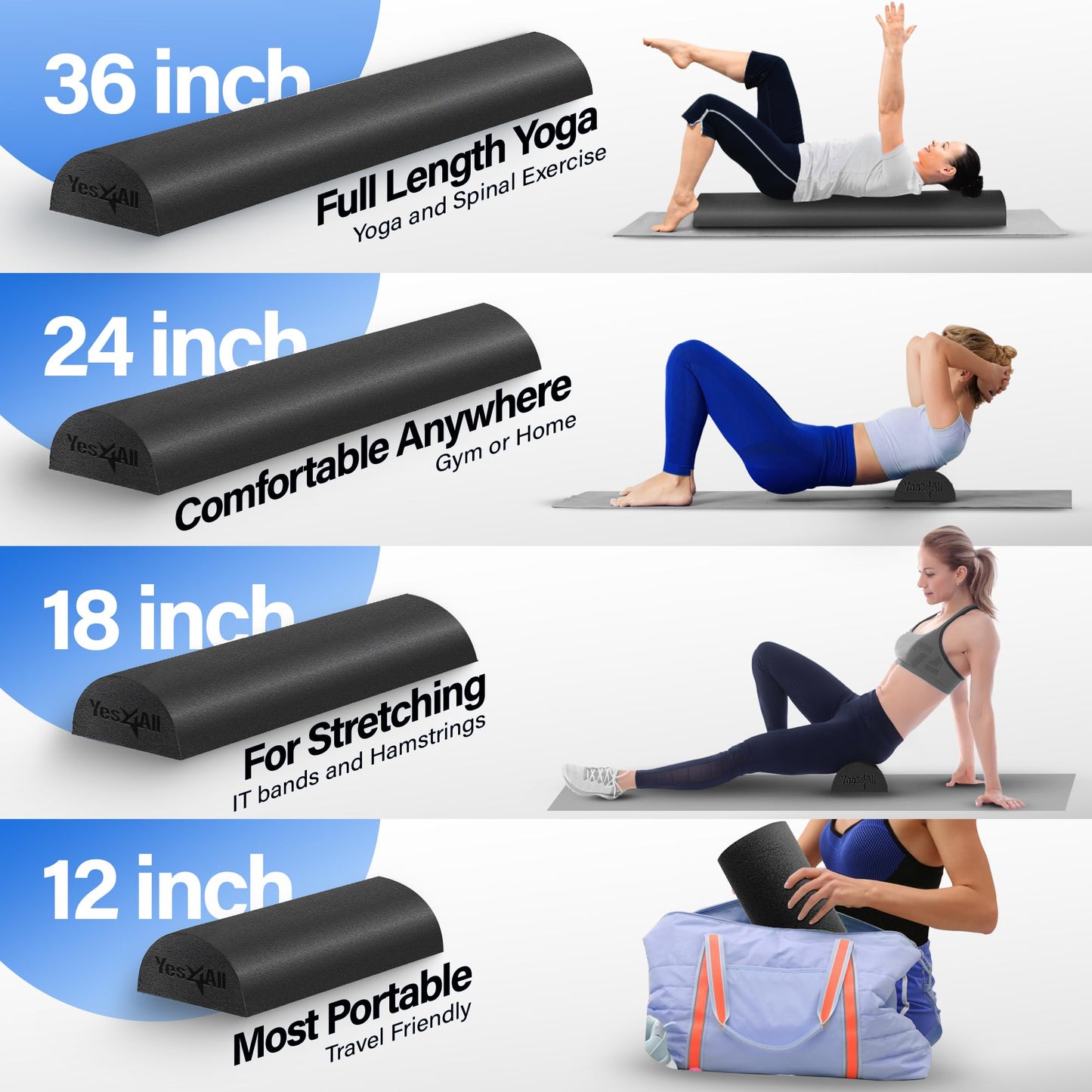 Yes4All Half Foam Roller, PE Material, Medium Firm, Back Roller for Stretching, Mobility, Yoga & Pilates, Black, 18 Inch