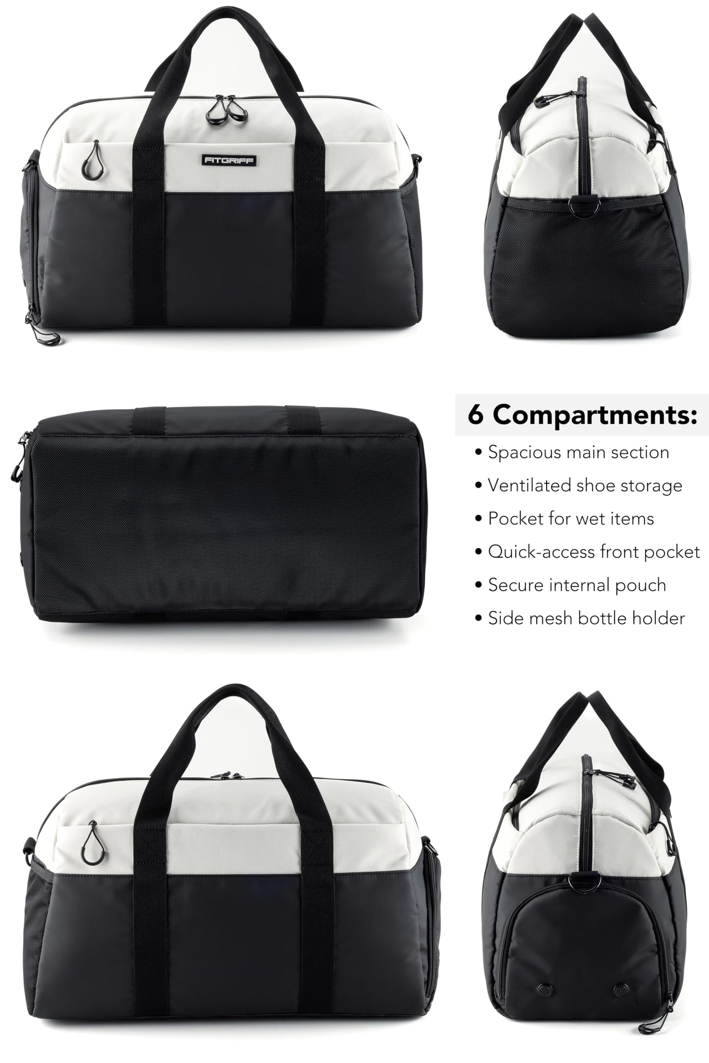 Fitgriff® Gym Bag V2 for Men and Women with Shoe & Wet Compartment - Duffle Bag for Travel, Sports, Fitness and Workout (Black/Cream White, 22 x 12 x 13″ (Medium))