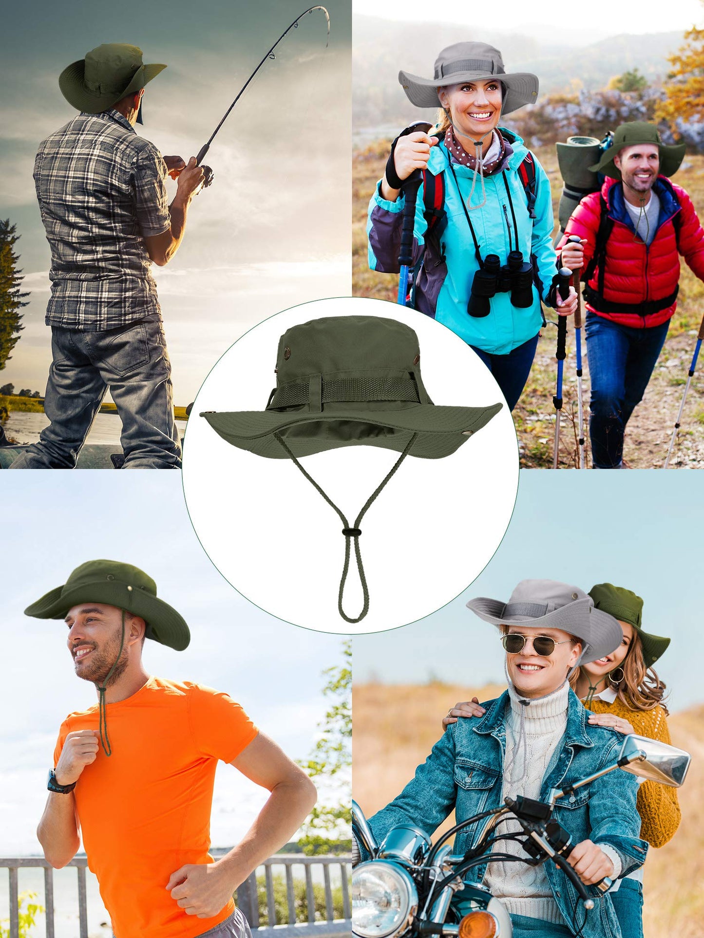 Boao 2 Pcs Sun Hat for Men Women Foldable Safari Hat UV Protection UPF 50+ Boonie Bucket Cap Summer for Hiking Beach Fishing(Arm Green, Light Grey)