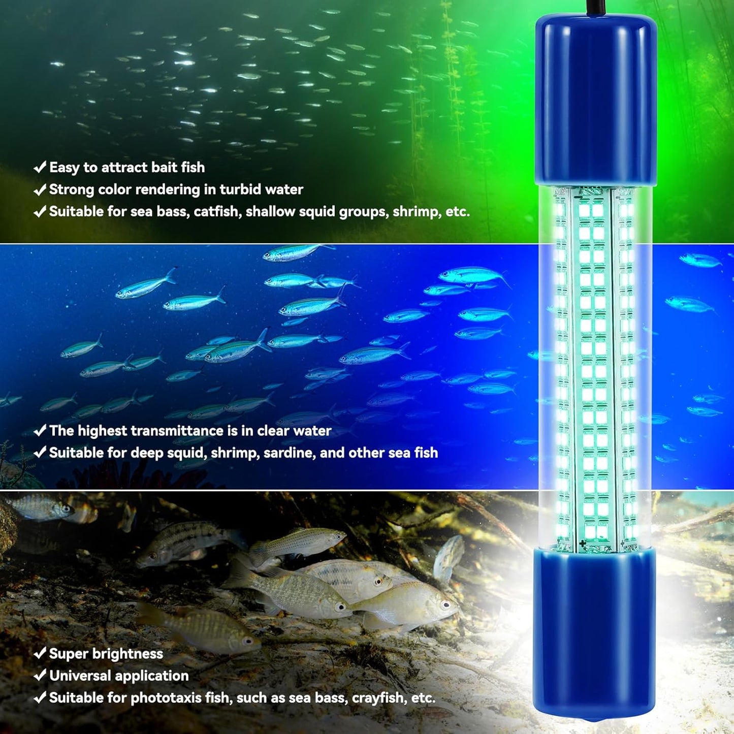18W Underwater Fishing Light, IP68 Waterproof DC 12-24V LED Fish Bait Light Submersible Finder Attractants Lamp for Crappie Shrimp Squid Catfish + Battery Clamps, 16.4ft Cable Green/Blue/White Light