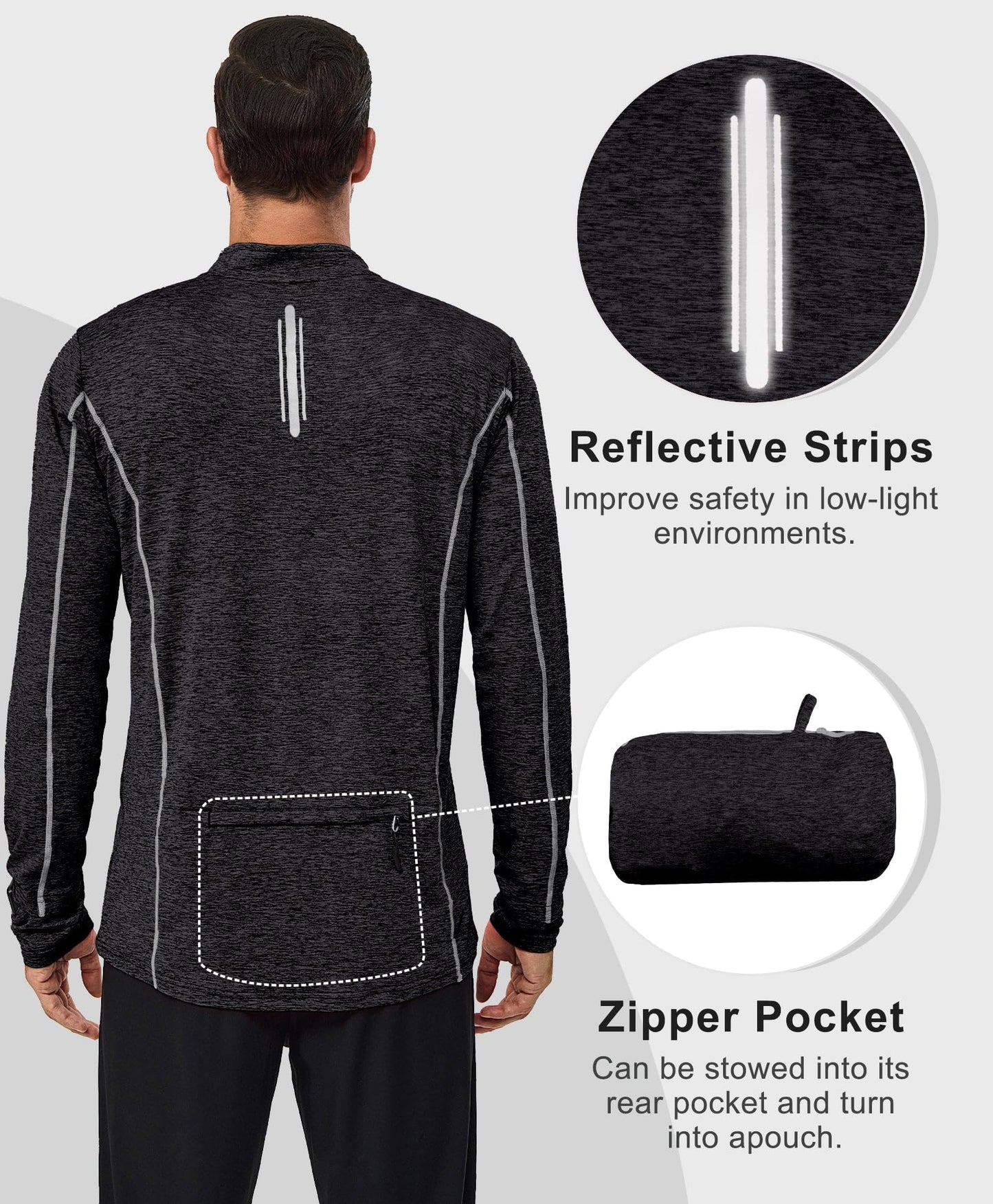 Little Donkey Andy Men's 1/4 Zip Pullover UPF 50+ Long Sleeve Moisture Wicking Golf Shirts Lightweight Athletic Workout Shirt (Black Heather L)
