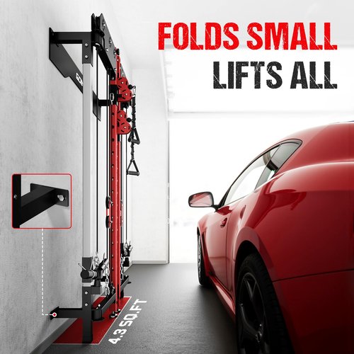 Goimu WM3 Folding Squat Rack, Wall Mounted Power Rack with Dual Independent Pulley System, Functional Trainer with 5 Adjustable Function Modes for Space Saving Home Gym