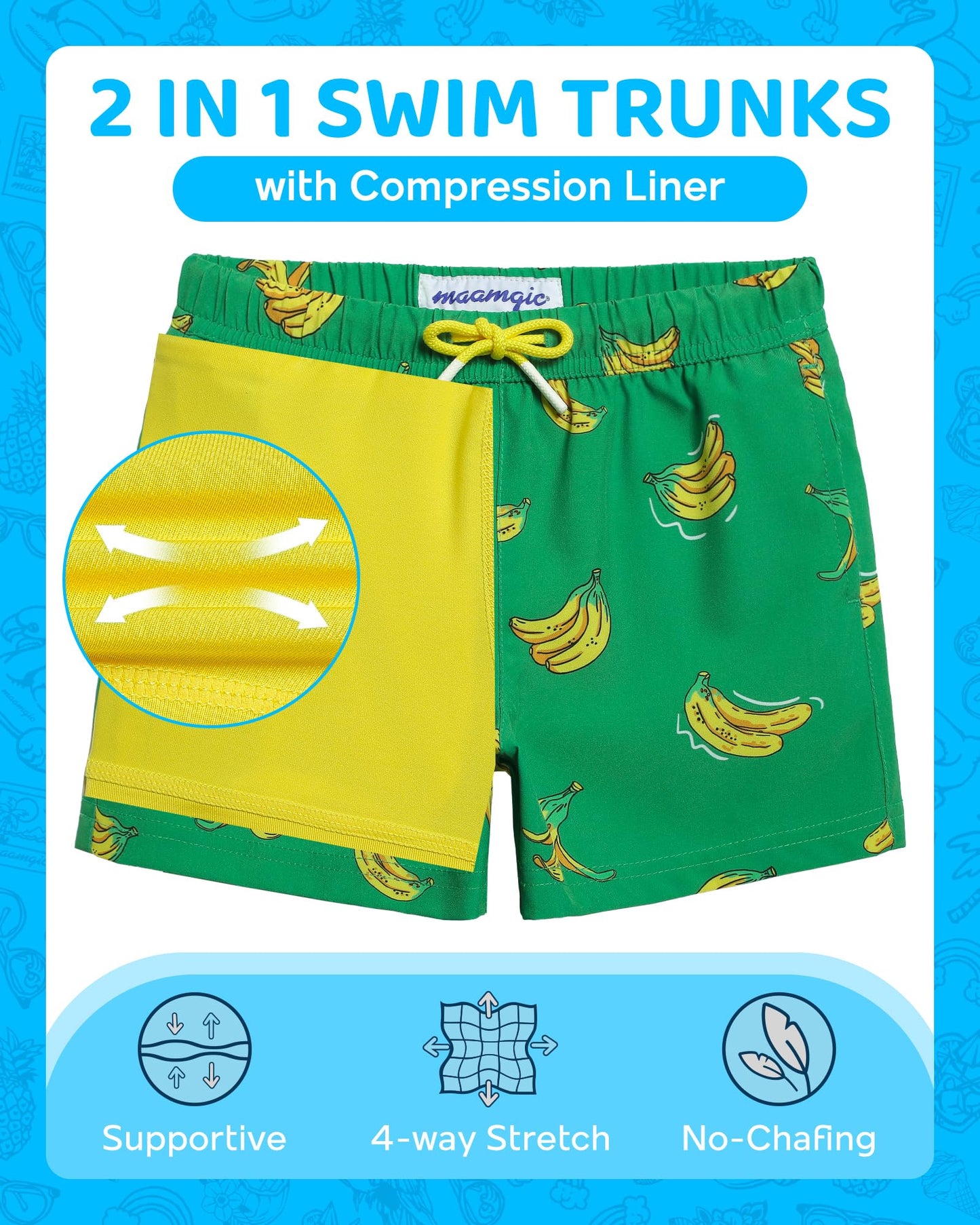 maamgic Boys Swim Trunks with Compression Liner 4-Way Stretch Quick Dry Swim Shorts Swimming Trunks Toddler Boy Banana Yellow 5-6 Years