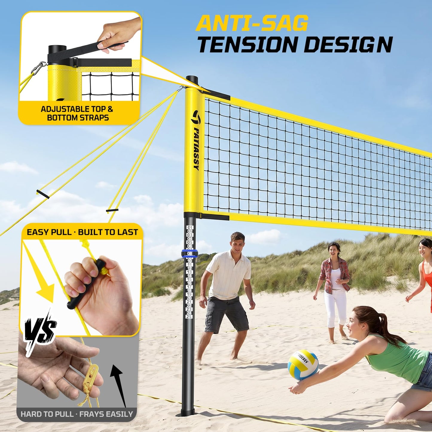 Outdoor Volleyball Net System, 32FT Regulation Size Anti-Sag Net, Quick Setup Adjustable Height Poles, Volleyball Set with Pump, Boundary Line and Carry Bag for Backyard Beach Lawn
