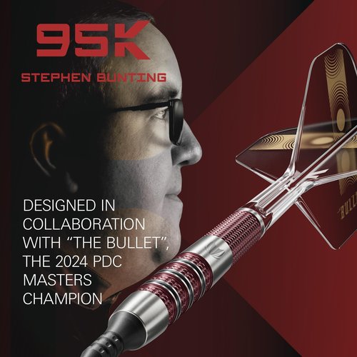 TARGET Darts Stephen Bunting 95K Soft Tip Dart Set, 19G | Kflex Flights & Shafts, The Bullet Player Edition 95% Tungsten Darts, Nano Swiss Steel Tip Conversion Points & Premium Keyring SP Tool