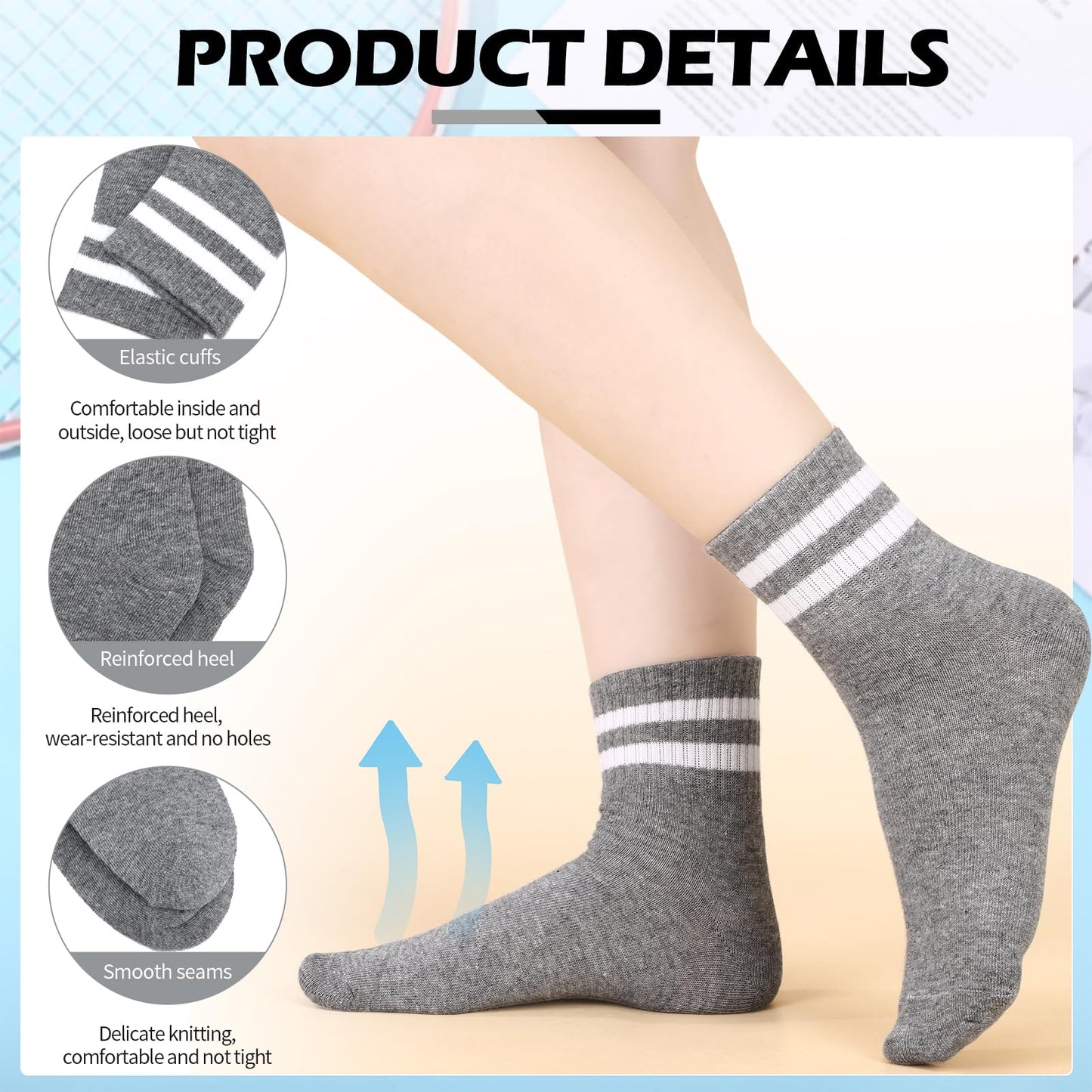 Jspupifip 6 Pairs Kids Striped Athletic Socks, Boys Girls Cotton Socks 6-12 Years, Classic Striped Crew Sports Sock for School Daily Wear