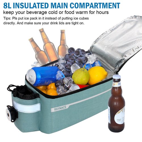 RAYMACE Bike Trunk Cooler Bag With Tail Light,Bicycle Rear Rack Bag Insulated Storage 8L,Pannier Bag (Viridian Green)