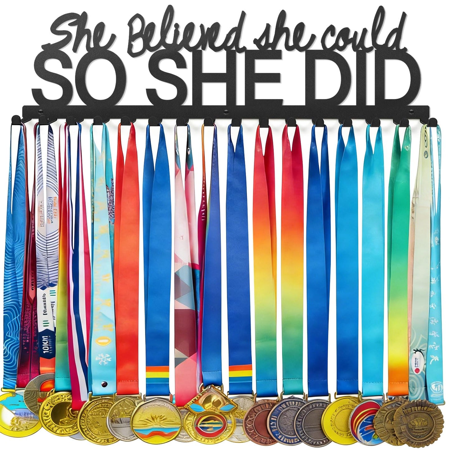 Medal Holder Display Hanger, Aluminum Medal Display Holder Holds Up to 60 Medals, Wall Mounted Medal Organizer for Sports Award Plaques, Ribbons and Race Bibs(Black)