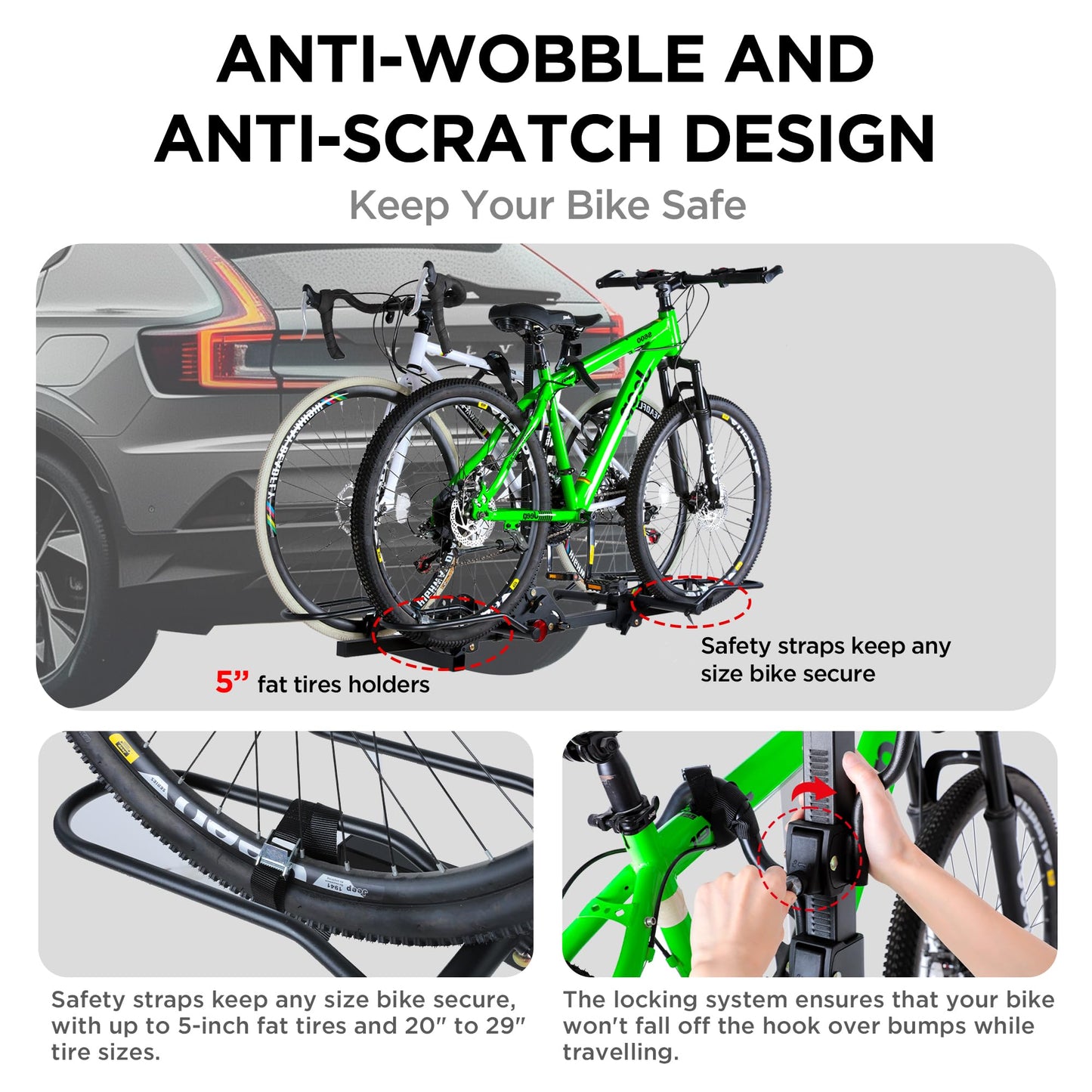 Young 200 lbs. Capacity Hitch Mounted 2-Bike Rack with Lock for Standard, Mountain, Fat Tire Bikes, fit Car, SUV, Van, RV, Trailer, Truck