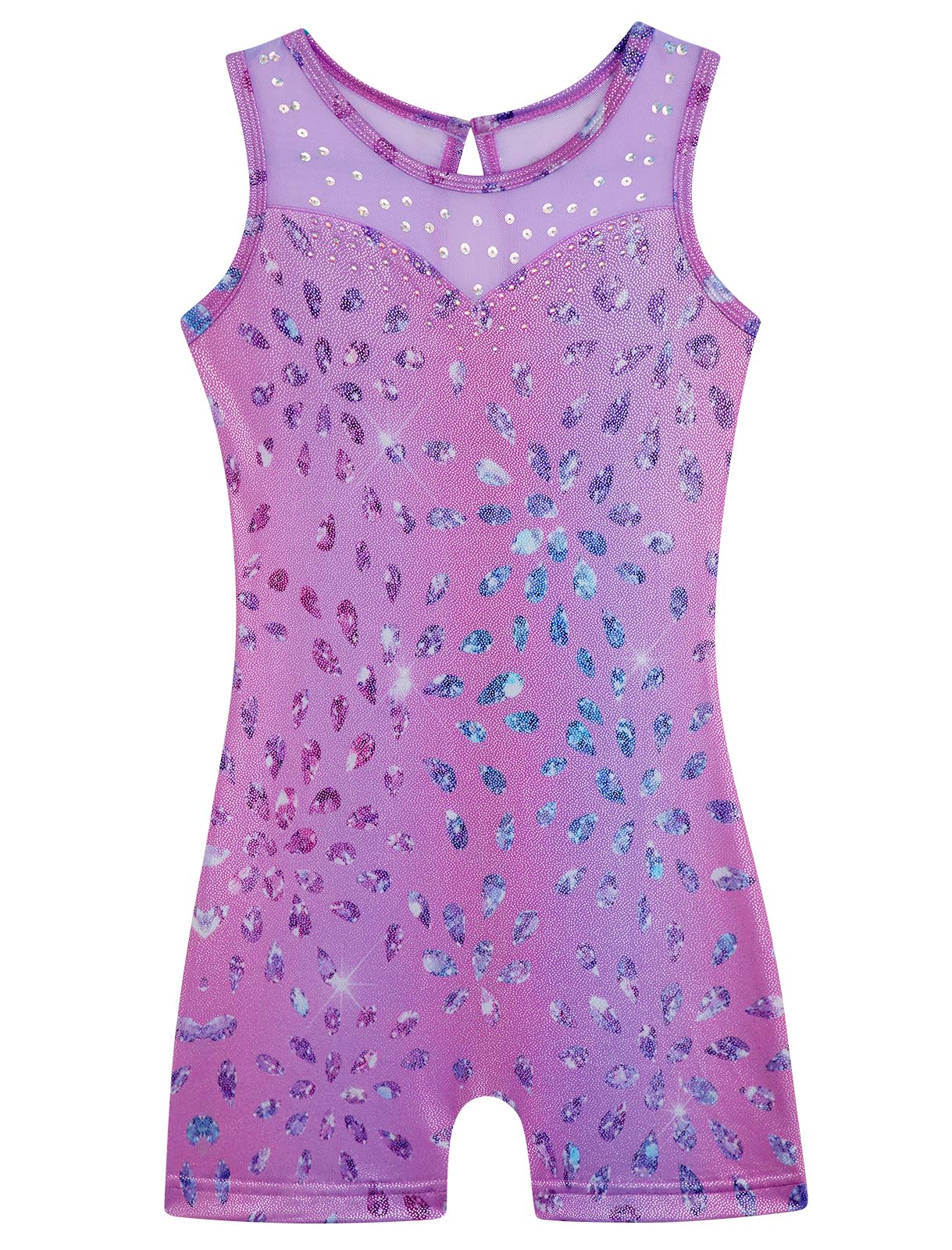 HOZIY Gymnastics Leotards for Girls Mesh Neckline with Iridescent Rhinestones Back Cut Out Sleeveless Size 5-6 Years Purple Diamonds Biketard Shorts Tumbling Outfits Toddler Kids Sparkly Shiny