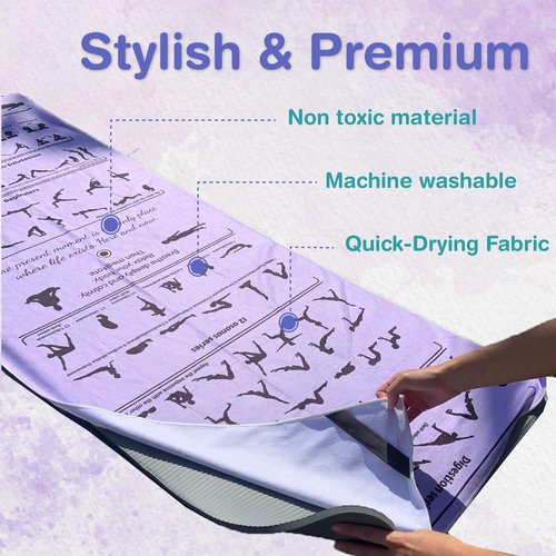 Yoga Towel Non Slip – Light Purple, Illustrated Yoga Poses, Absorbent Microfiber for Hot Yoga, Extra Long Quick-Drying Mat Towel, Full Mat Coverage, Ideal for Bikram, Vinyasa (LIGHT PURPLE)