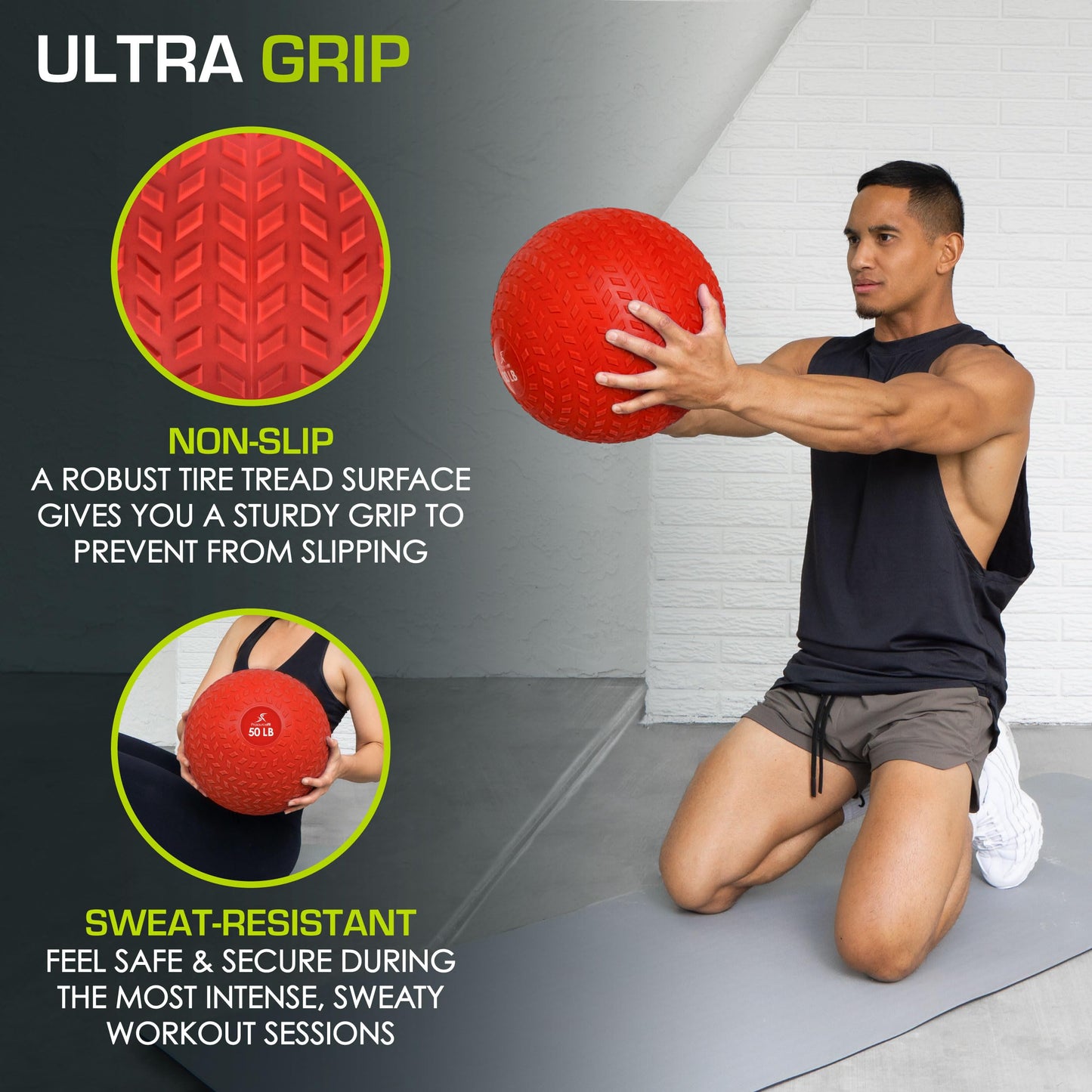 ProsourceFit Slam Medicine Ball, Tread Textured Grip Dead Weight Balls for Strength and Conditioning Exercises, Cardio and Core Workouts, 50lb, Red