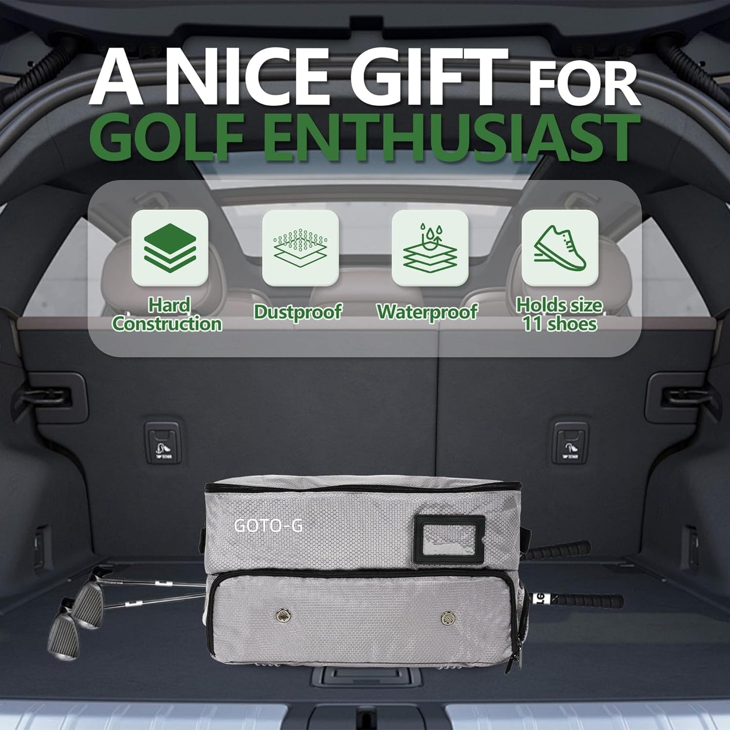 3 Layer Golf Trunk Organizer for 2 Pair Size 13 Shoes, Large Capacity, Gifts for Men with Waterproof Separate Ventilated Storage for Accessories, Balls, Tees, Clothes, Gloves (Black)