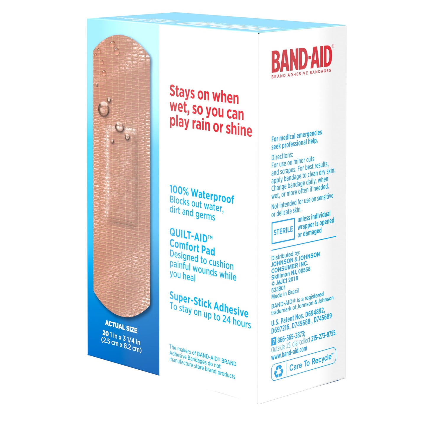 Band-Aid Brand Water Block Waterproof Tough Adhesive Bandages for First Aid Wound Care, Durable Waterproof Bandages to Protect Minor Cuts, Burns & Scrapes, Quilt-Aid Pad, One Size, 20 ct
