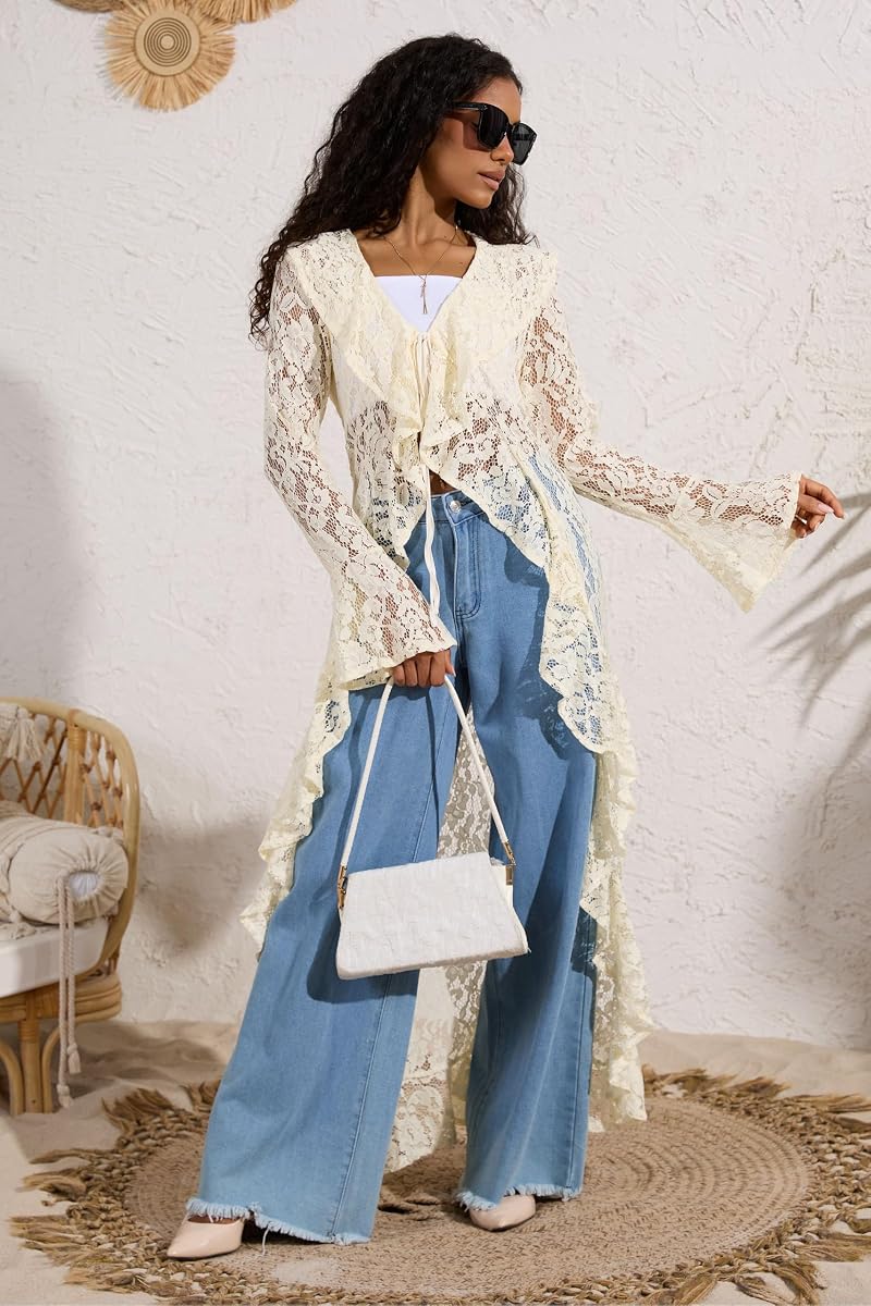 Lace Cardigan for Women Maxi - Open Front Tie Bell Sleeve Duster Cover Up Beige Large