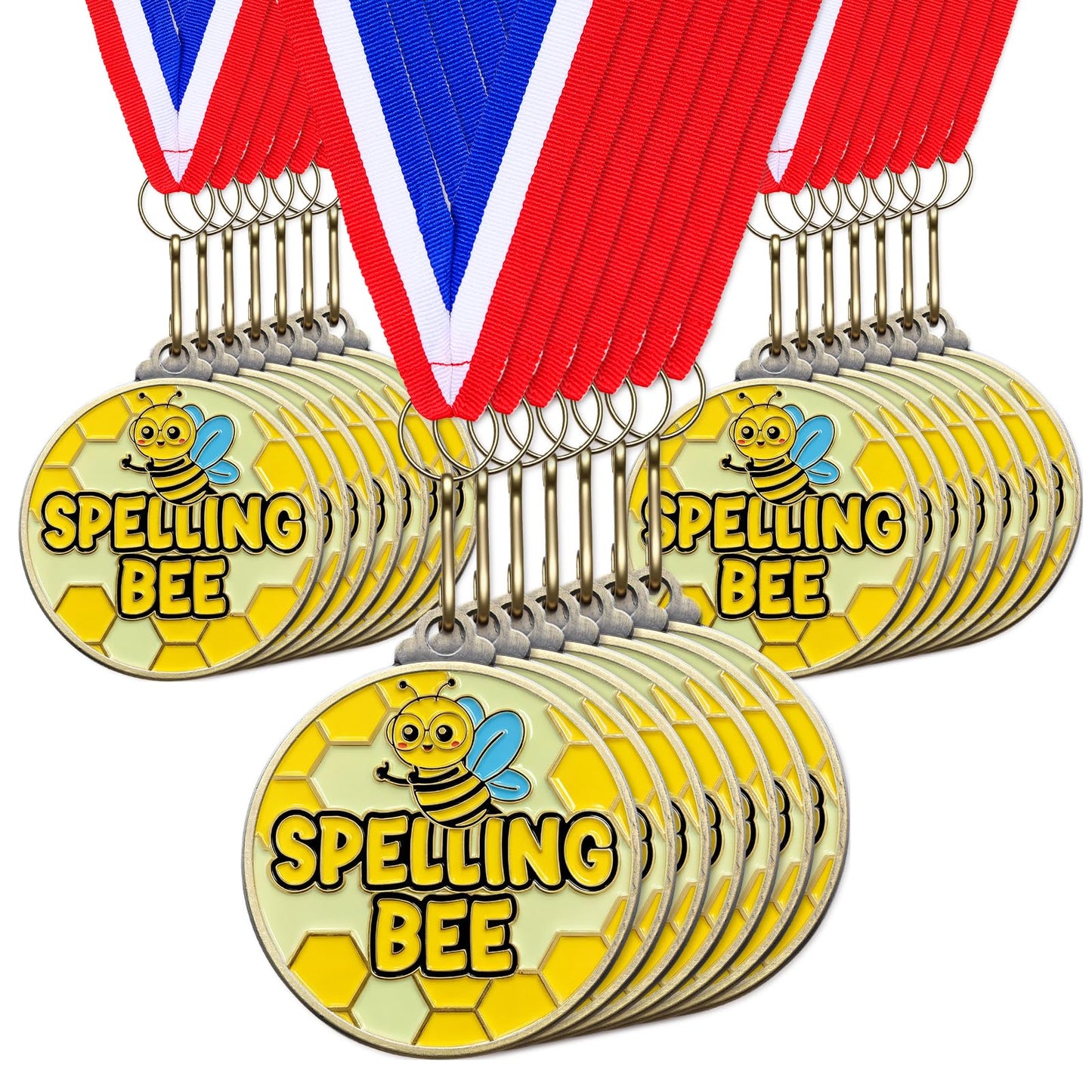 Cunno 20 Pcs Spelling Bee Medals Bulk 2'' Spelling Bee Honeycomb Award Medals with Neck Ribbon Trophy Prizes Winner Gift for School Classroom Students Teaching Competitions Supplies