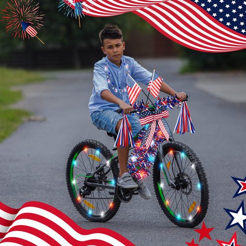 Buryeah 10 Pcs LED 4th of July Bike Decorations Kit Patriotic Bike Decor Wheel Light Bicycle Streamer Bow USA Flag Red White Blue Tinsel Garland Necklace Star Light Independence Day Parade Party Favor