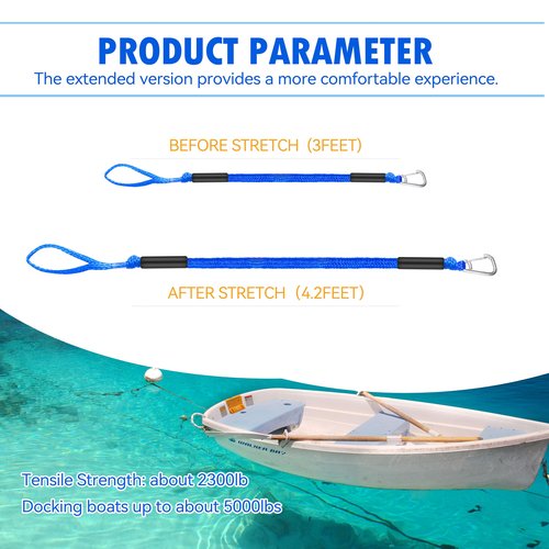 3ft Bungee Dock Lines (2-Pack) – Heavy-Duty Elastic Mooring Ropes for Boats, Jet Skis & Kayaks | Adjustable PVC Sleeve | 316 Stainless Steel Clip | Blue