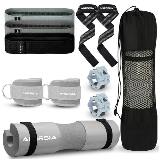 ANERSIA 10 in 1 Barbell Pad Set Grey for Squats & Hip Thrust – Barbell Pad with Resistance Bands, Lifting Straps, Ankle Straps & Barbell Clamps – Weightlifting Accessories Kit for Home Gym
