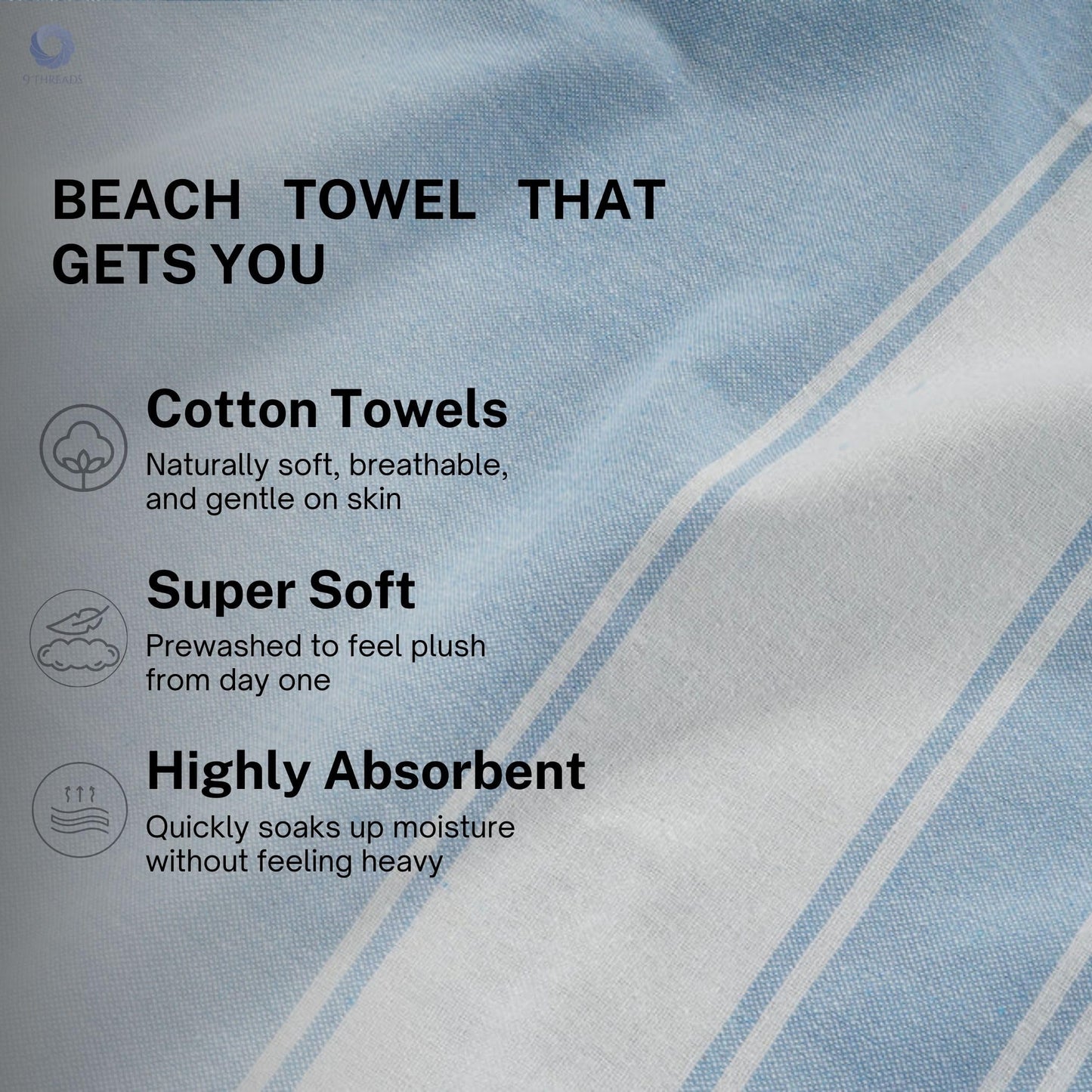 9Threads Cotton Turkish Beach Towel with Towels Oversized 36"x72" Pool Absorbent Extra Large Quick Dry Sand Travel Towel (Sky Blue, 4 Pack)