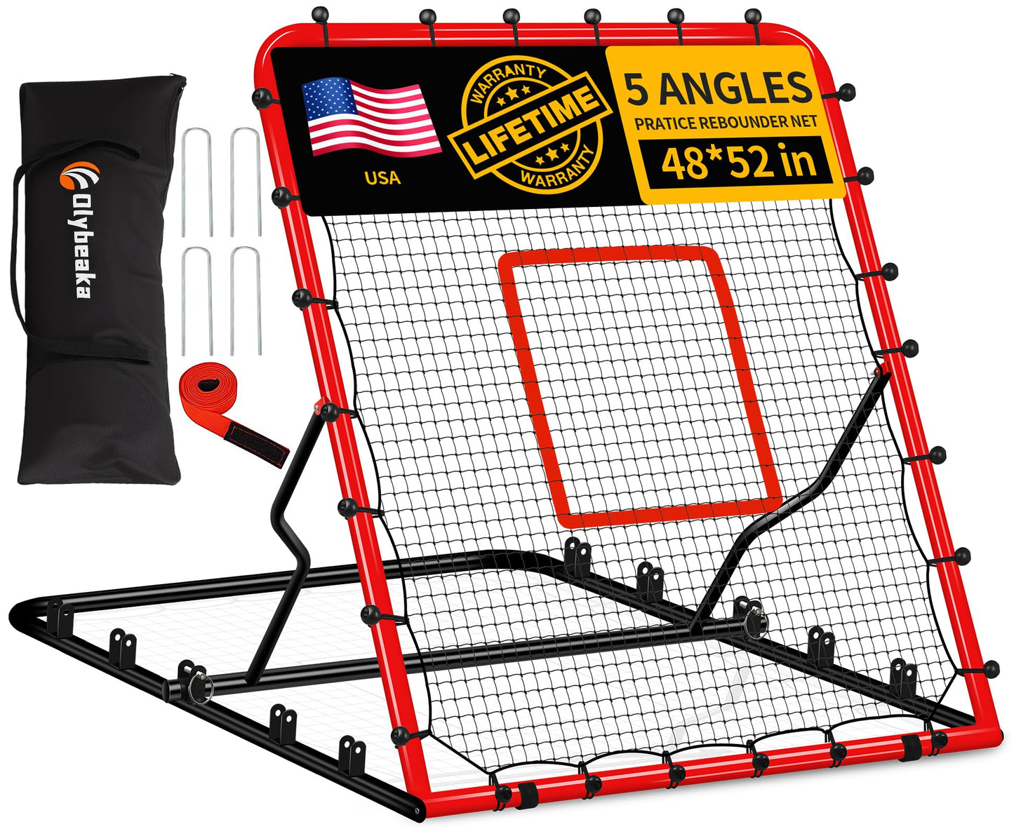 5-Angle Baseball Rebounder Net Bounce Back Net Solo Fielding Trainer 48x52 Inch, Multi-Sport Pitch Back for Ground, Line Drive, Fly Ball with Stable Frame, 45-PLY Net, Carry Bag