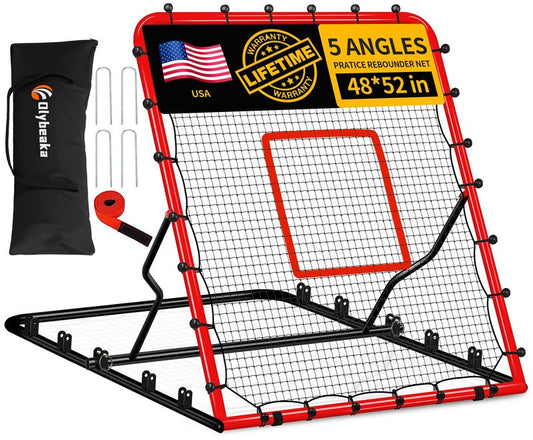 5-Angle Baseball Rebounder Net Bounce Back Net Solo Fielding Trainer 48x52 Inch, Multi-Sport Pitch Back for Ground, Line Drive, Fly Ball with Stable Frame, 45-PLY Net, Carry Bag