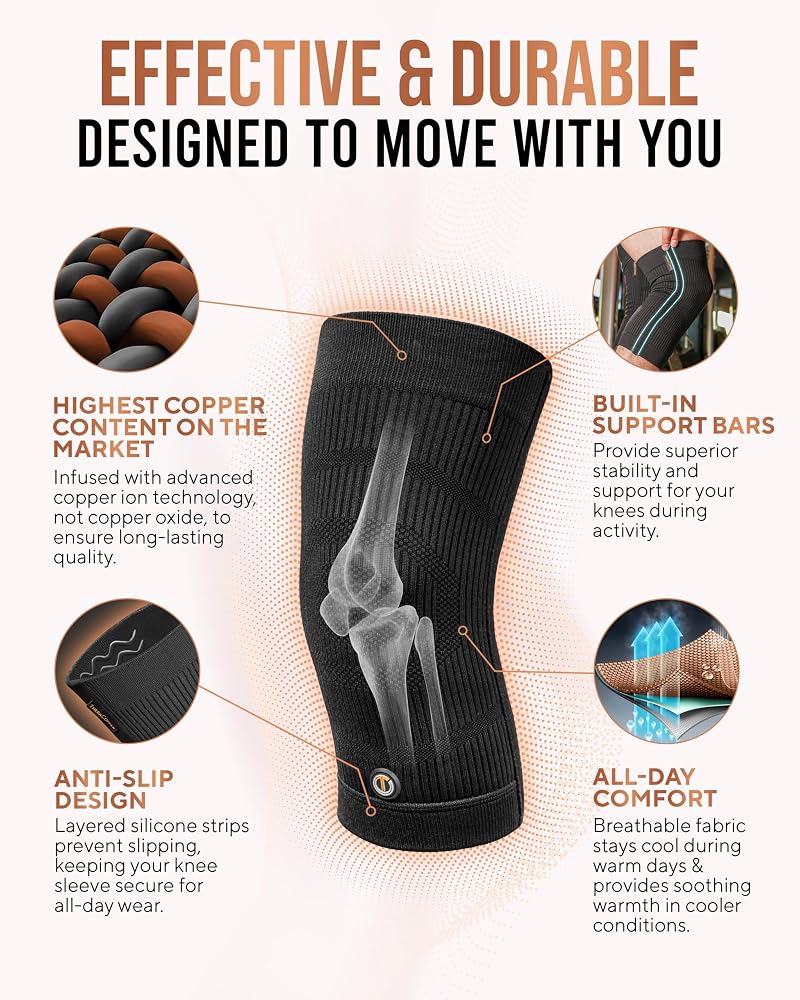Copper Knee Brace for Women & Men (Large) - 2 Pack with Copper Infused Fibers